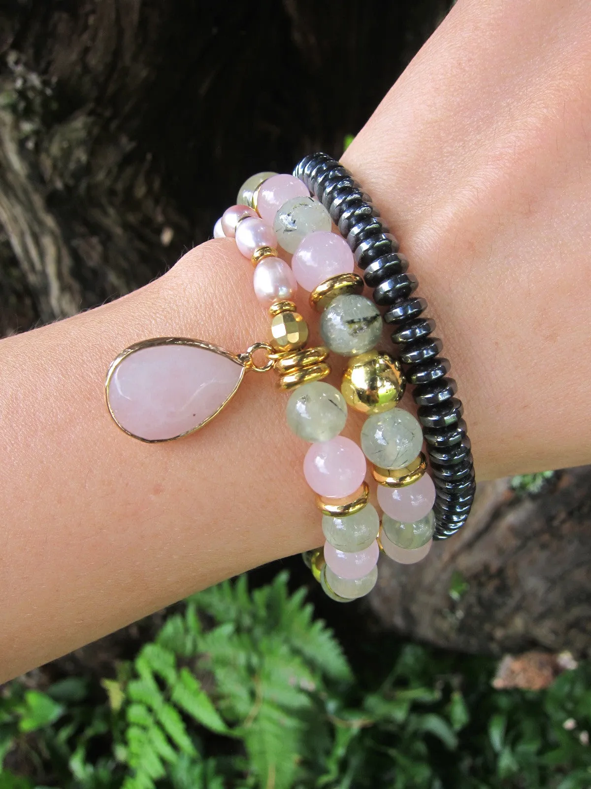 Rose Quartz, Prehnite, Freshwater Pearl - Love, Fertility, Protection Mala Bracelet