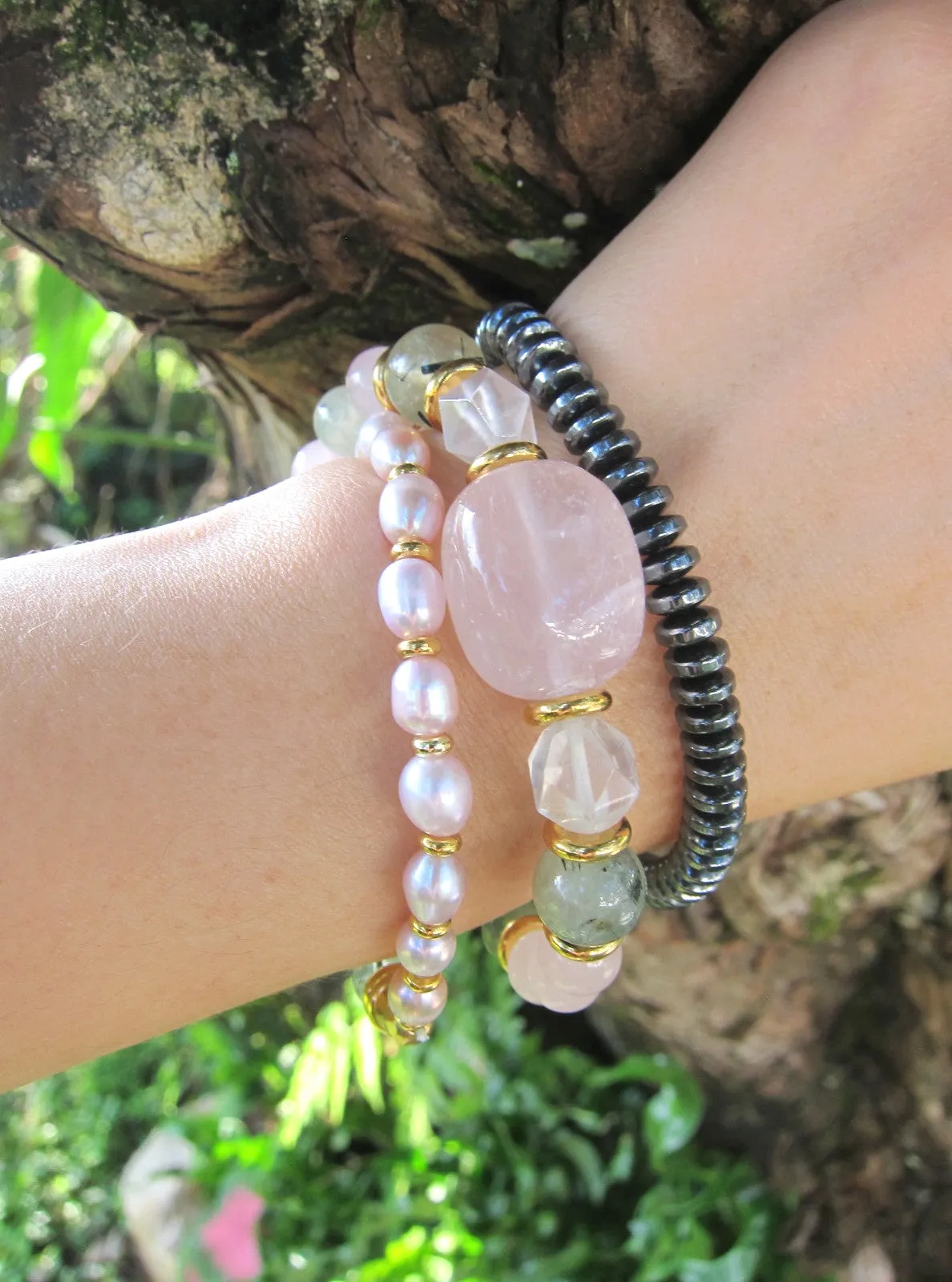 Rose Quartz, Prehnite, Freshwater Pearl - Love, Fertility, Protection Mala Bracelet