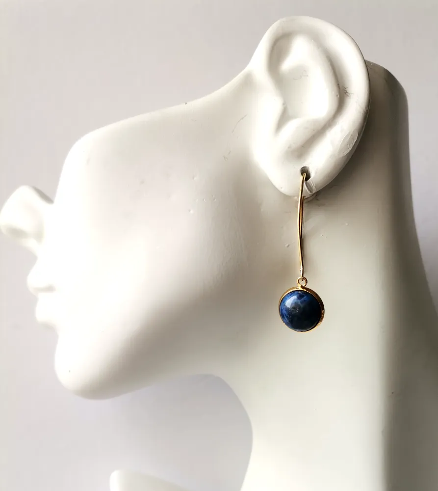 Round Lapis Lazuli Single Gem Drop V-hook Earrings