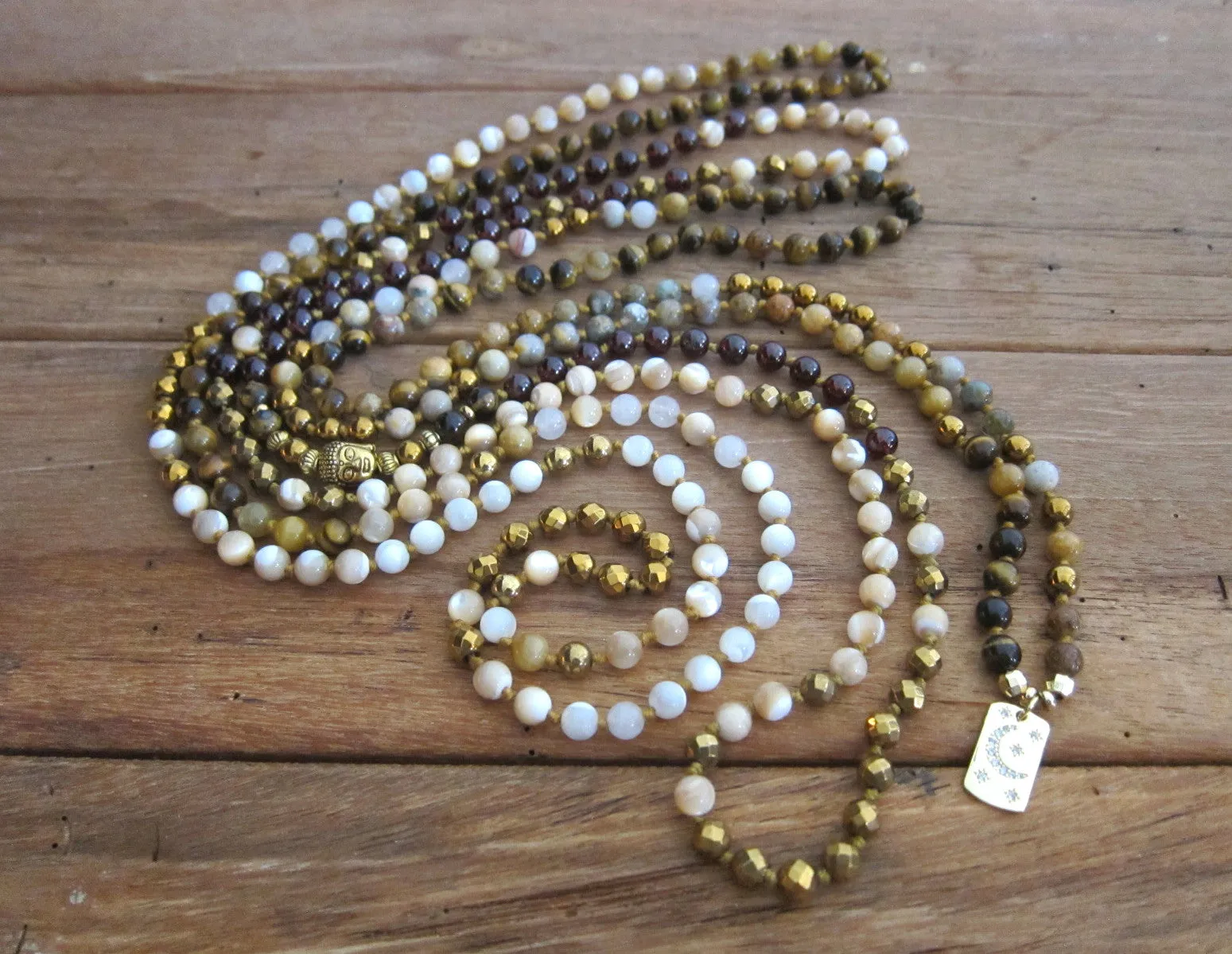 SALE - Tiger Eye, Cats Eye, Flower Agate, with Moon and Star Pendant Necklace