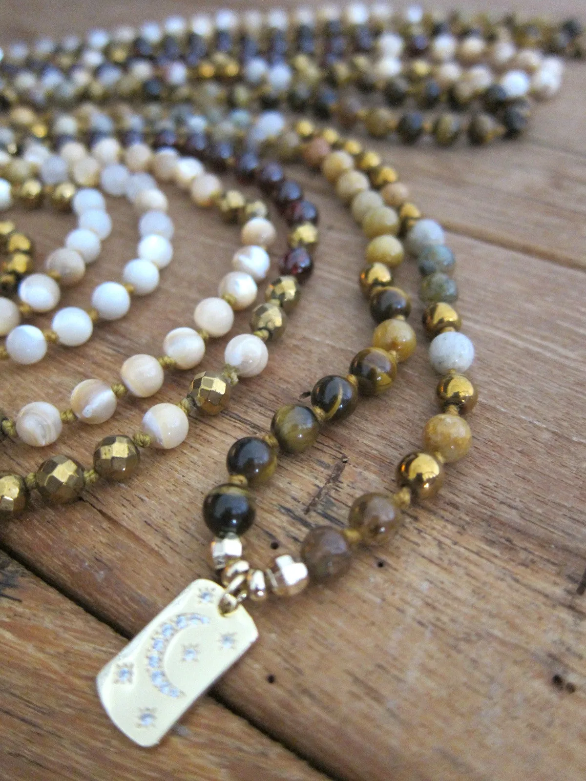 SALE - Tiger Eye, Cats Eye, Flower Agate, with Moon and Star Pendant Necklace