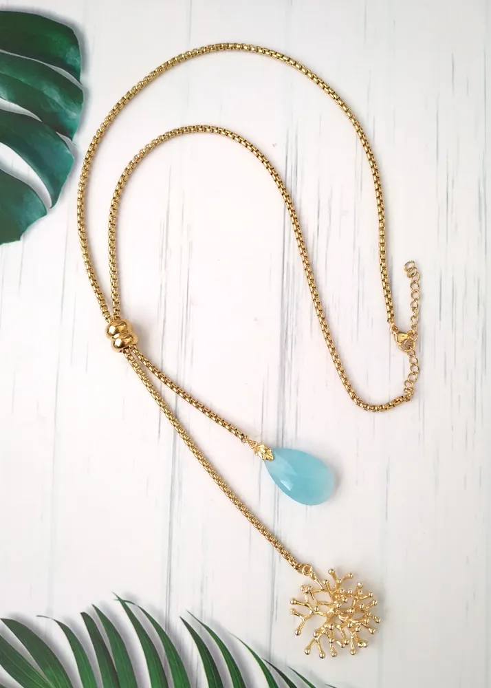 Seafoam Chalcedony with Branch Coral Slider Necklace