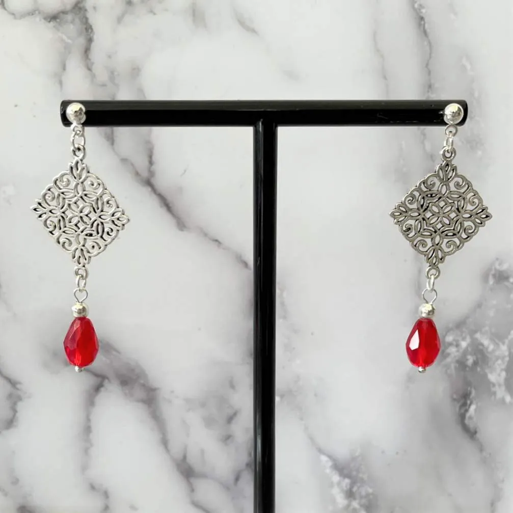 Silver Diamond with Red Crystal Drop Post Earrings