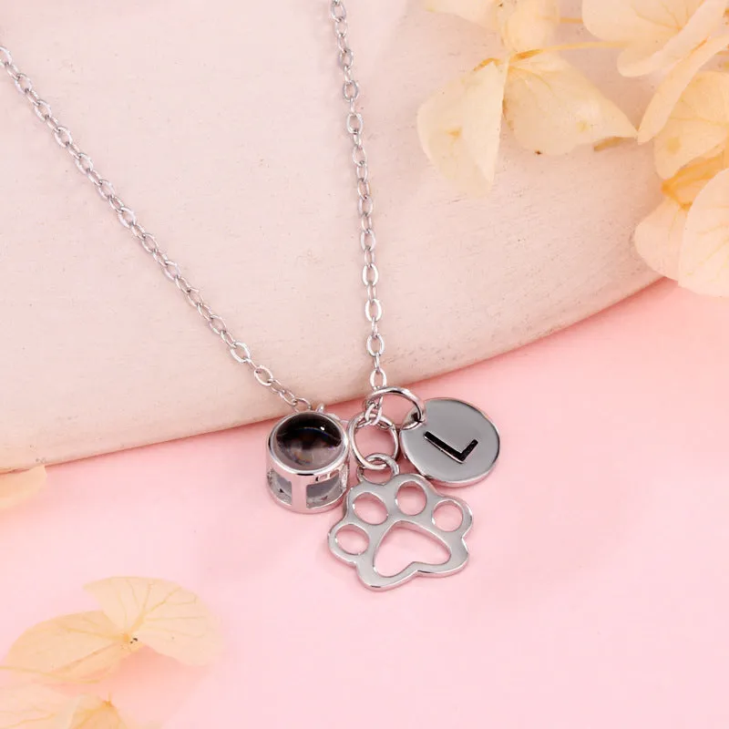 Silver Puppy Paw Customizable Letter Necklace with Picture Inside