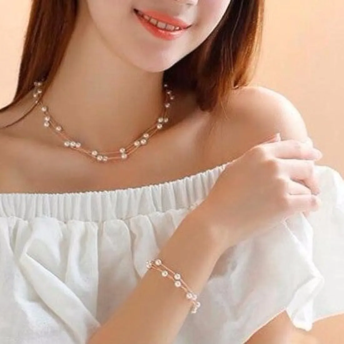 Simulated Pearls Double Multilayer Silver Pearls Necklace Set