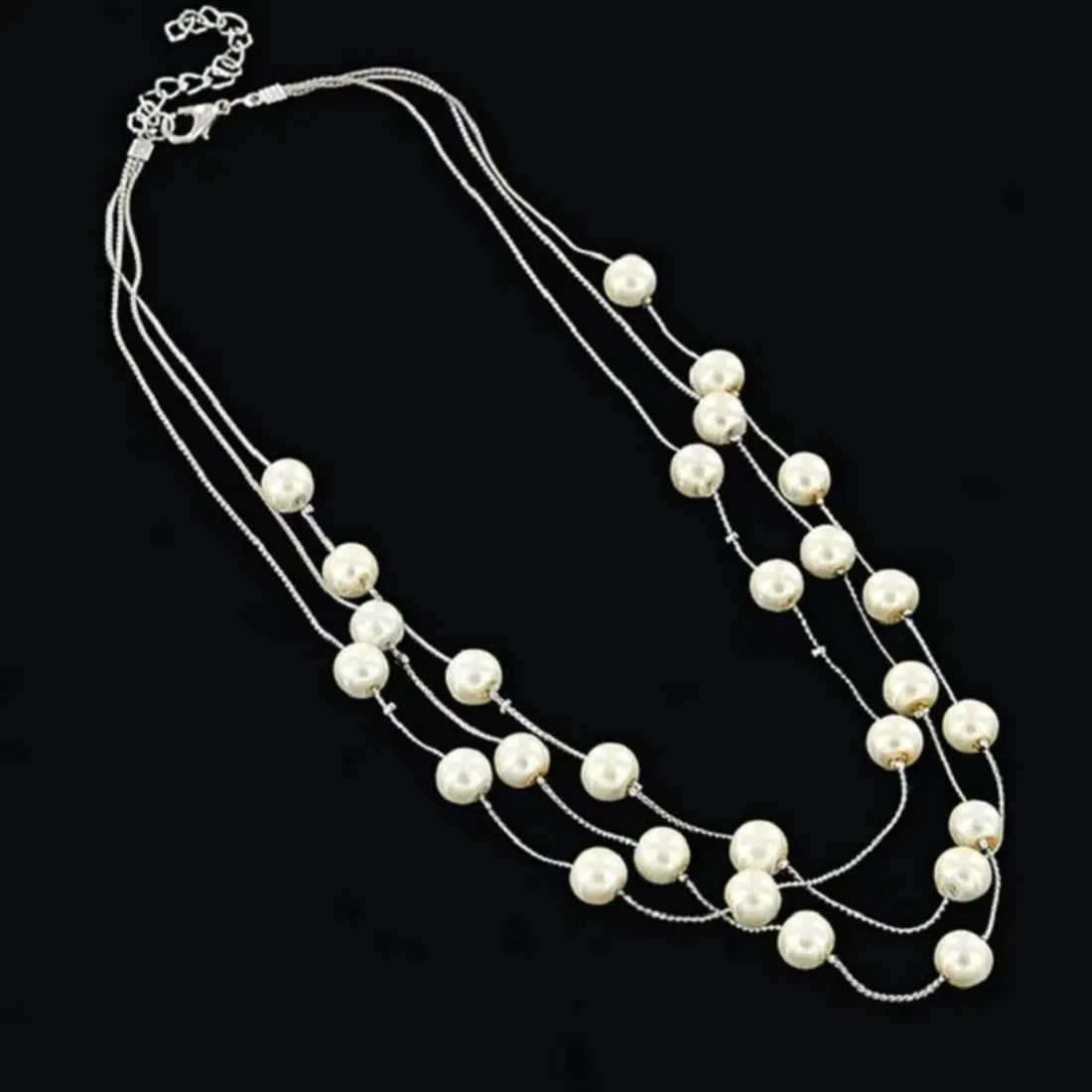 Simulated Pearls Double Multilayer Silver Pearls Necklace Set