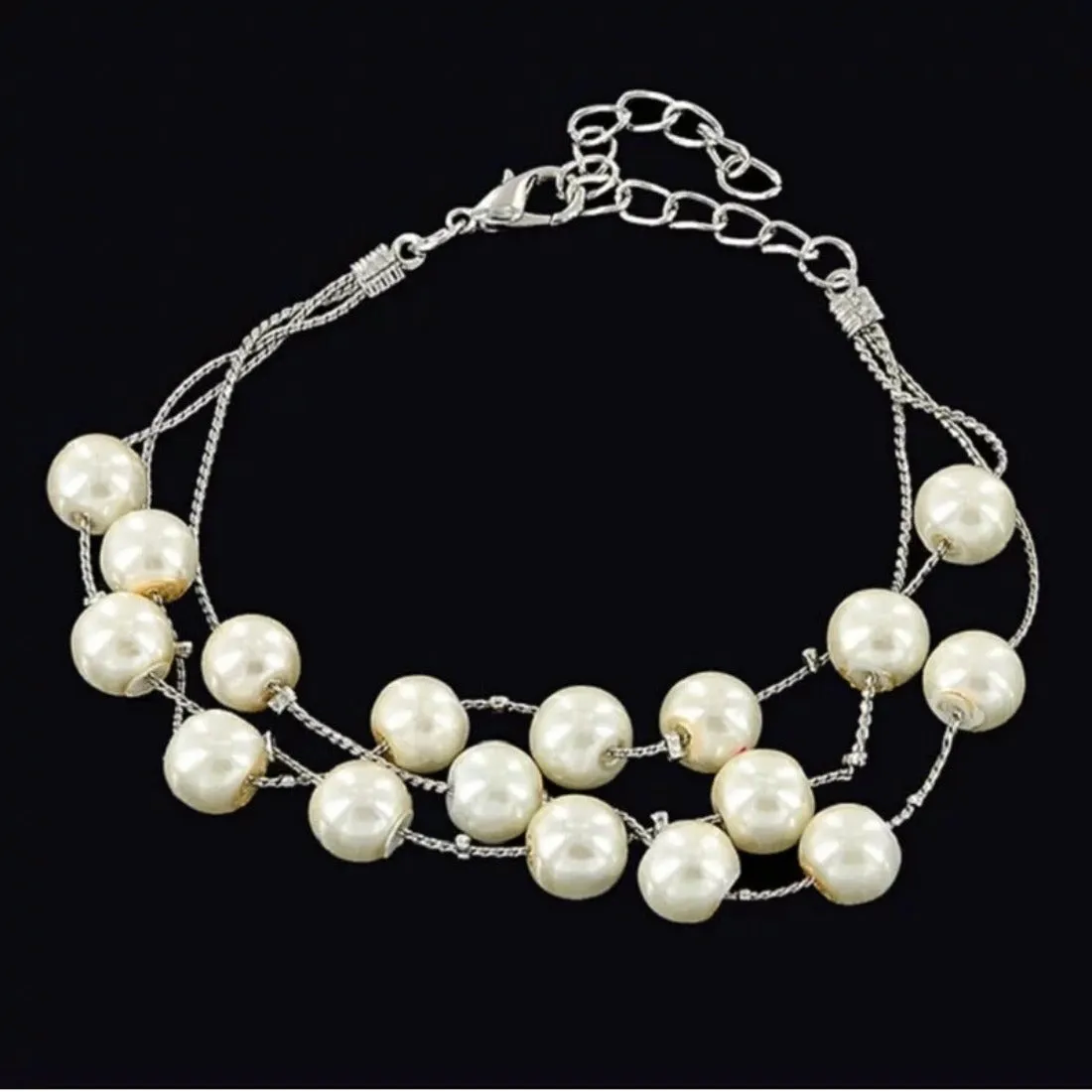 Simulated Pearls Double Multilayer Silver Pearls Necklace Set