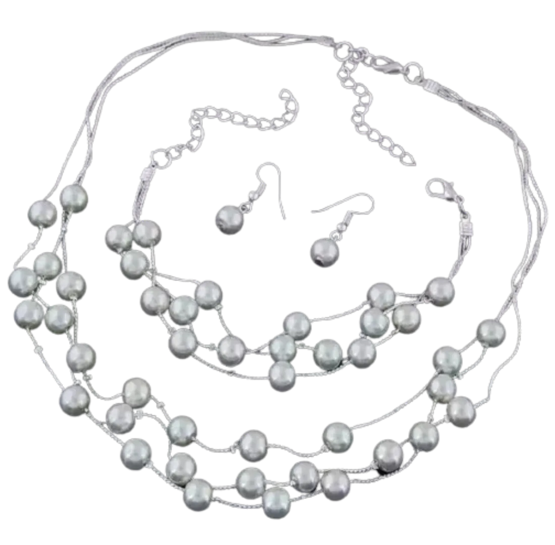 Simulated Pearls Double Multilayer Silver Pearls Necklace Set