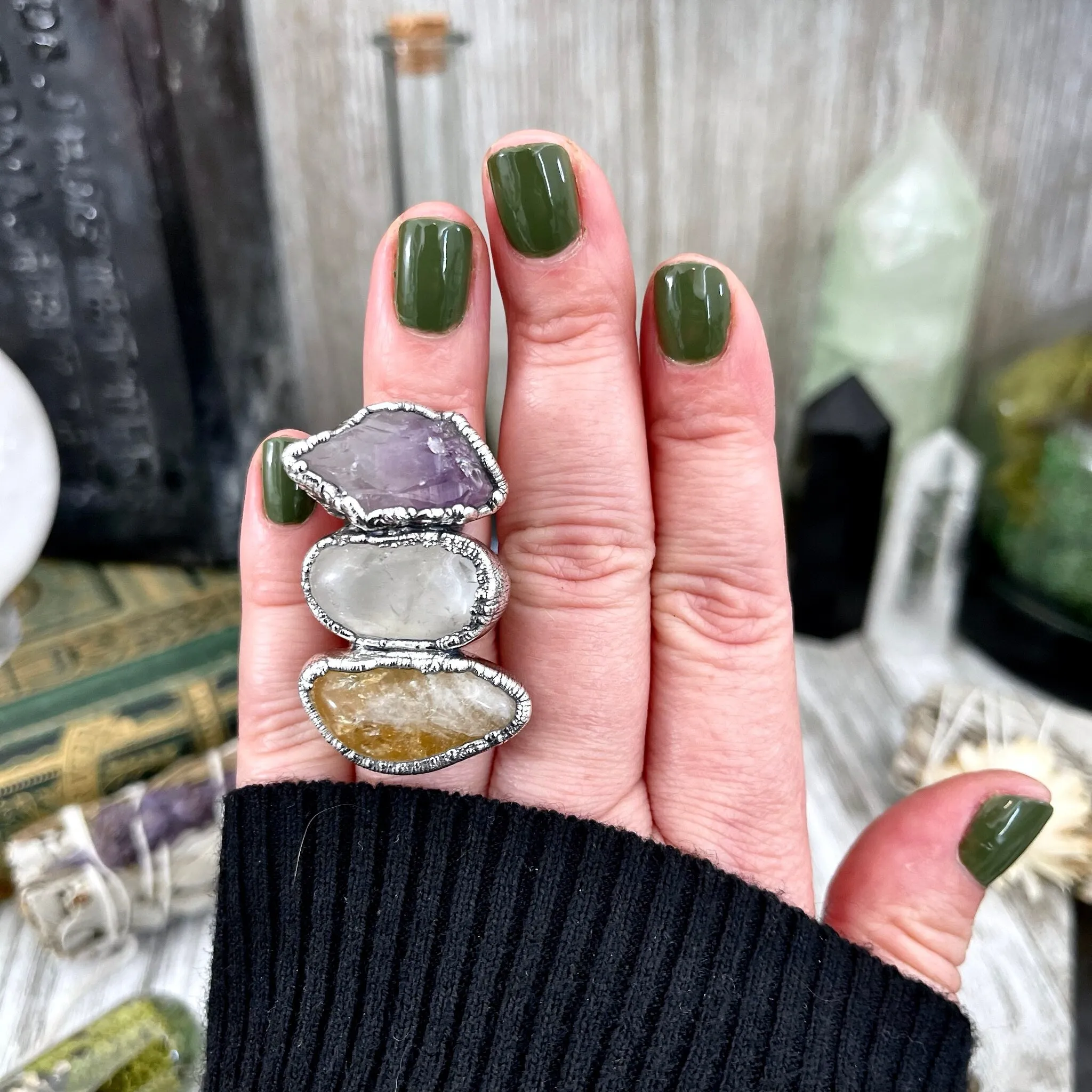 Size 6 Crystal Ring - Three Stone Ring Citrine Clear Quartz Raw Amethyst Ring Silver/ Foxlark Collection - One of a Kind