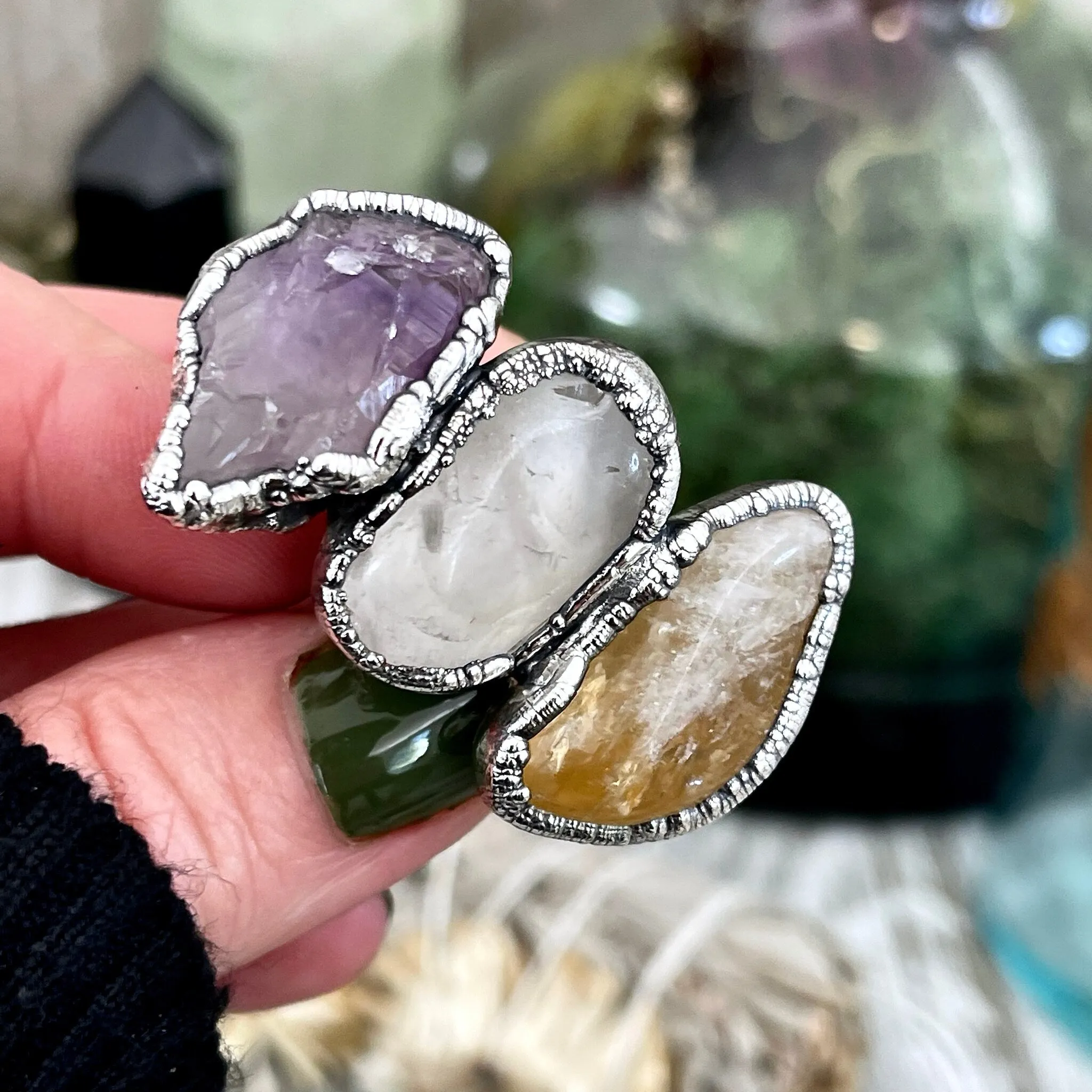 Size 6 Crystal Ring - Three Stone Ring Citrine Clear Quartz Raw Amethyst Ring Silver/ Foxlark Collection - One of a Kind