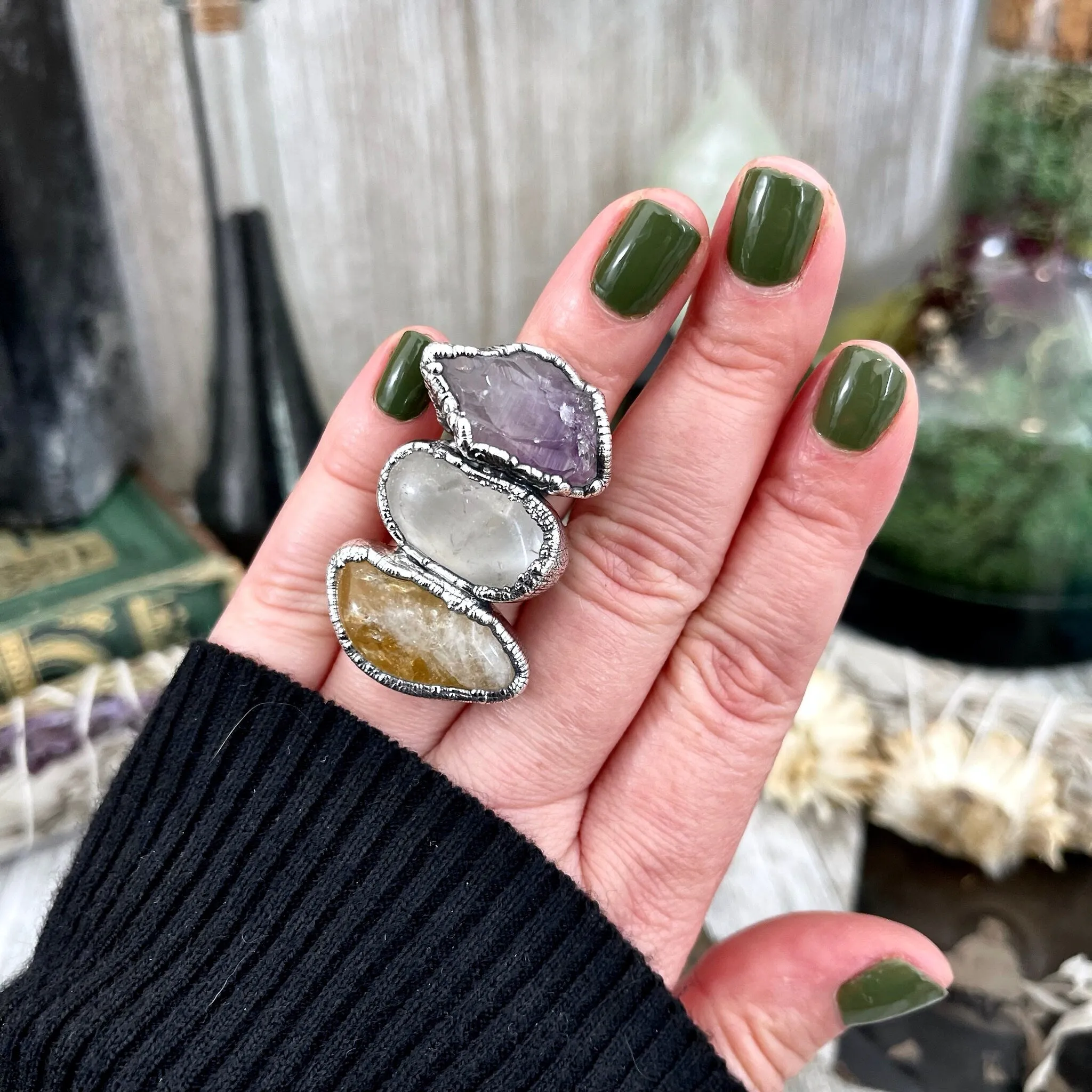 Size 6 Crystal Ring - Three Stone Ring Citrine Clear Quartz Raw Amethyst Ring Silver/ Foxlark Collection - One of a Kind