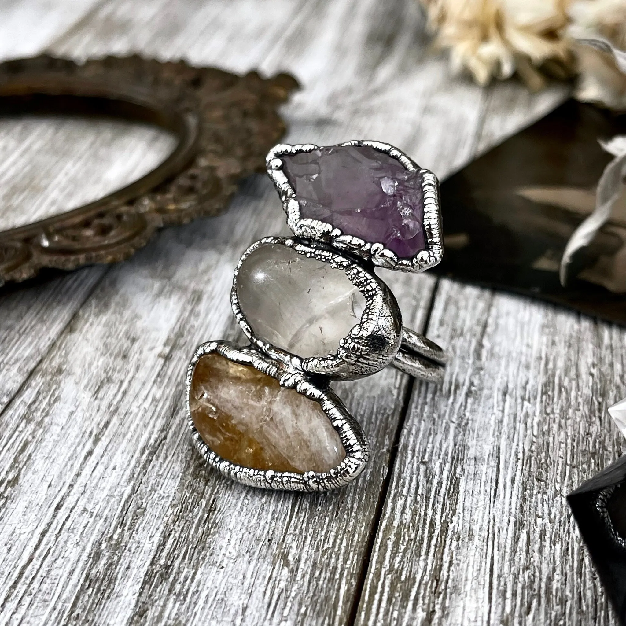 Size 6 Crystal Ring - Three Stone Ring Citrine Clear Quartz Raw Amethyst Ring Silver/ Foxlark Collection - One of a Kind