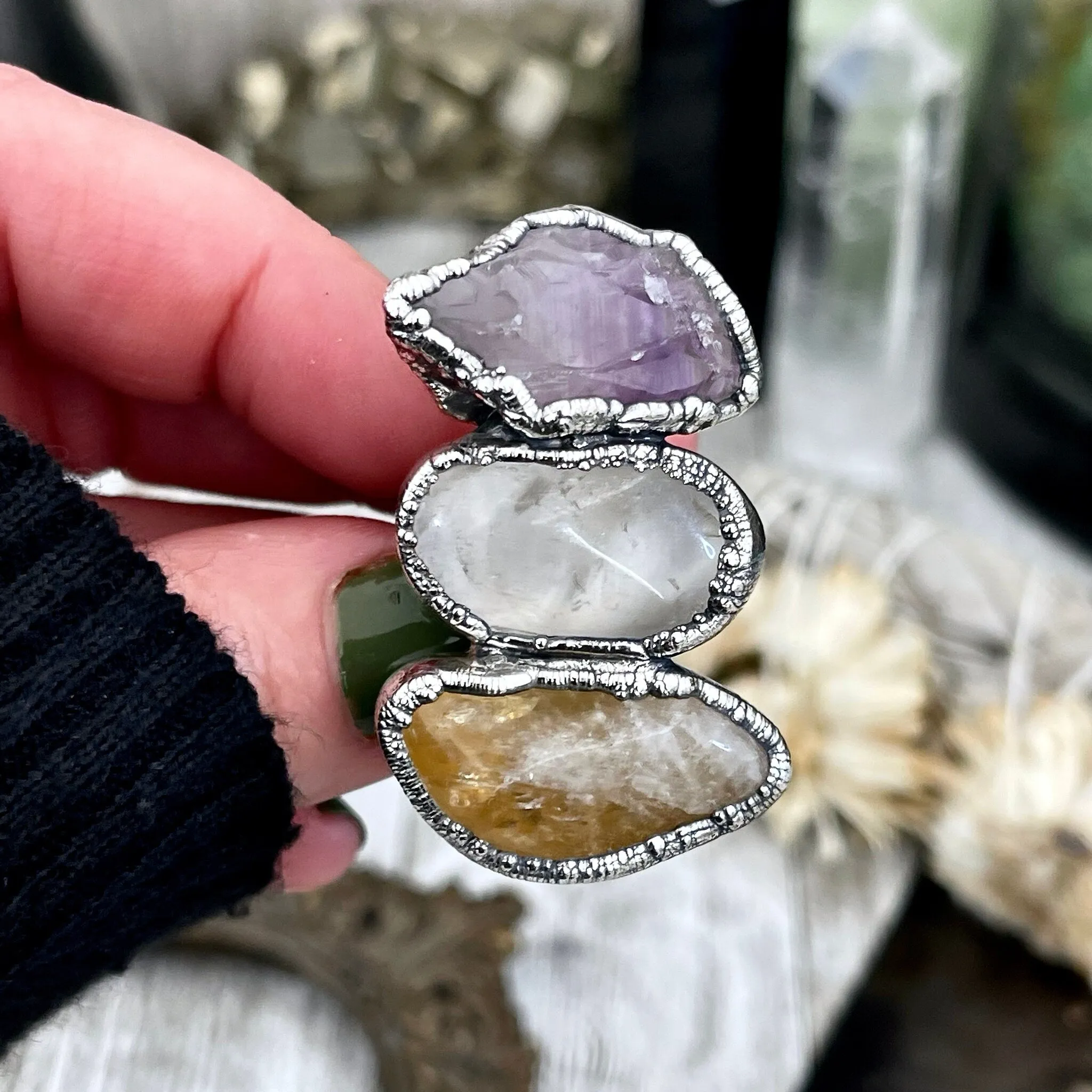 Size 6 Crystal Ring - Three Stone Ring Citrine Clear Quartz Raw Amethyst Ring Silver/ Foxlark Collection - One of a Kind