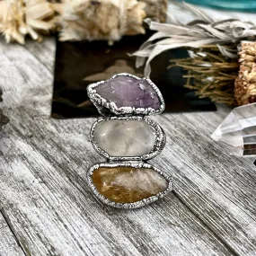 Size 6 Crystal Ring - Three Stone Ring Citrine Clear Quartz Raw Amethyst Ring Silver/ Foxlark Collection - One of a Kind