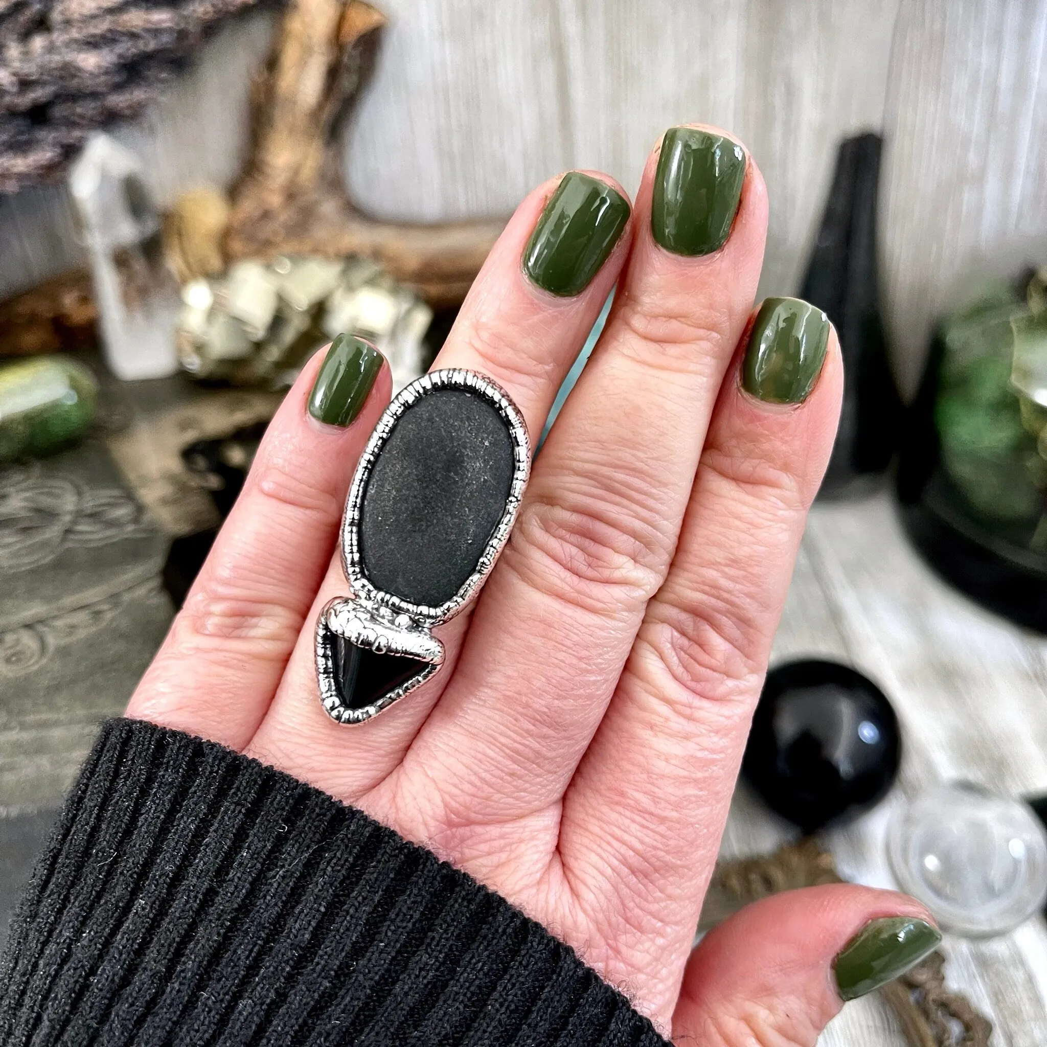 Size 6 Two Stone Ring- Black Onyx River Rock Crystal Ring Fine Silver / Foxlark Collection - One of a Kind