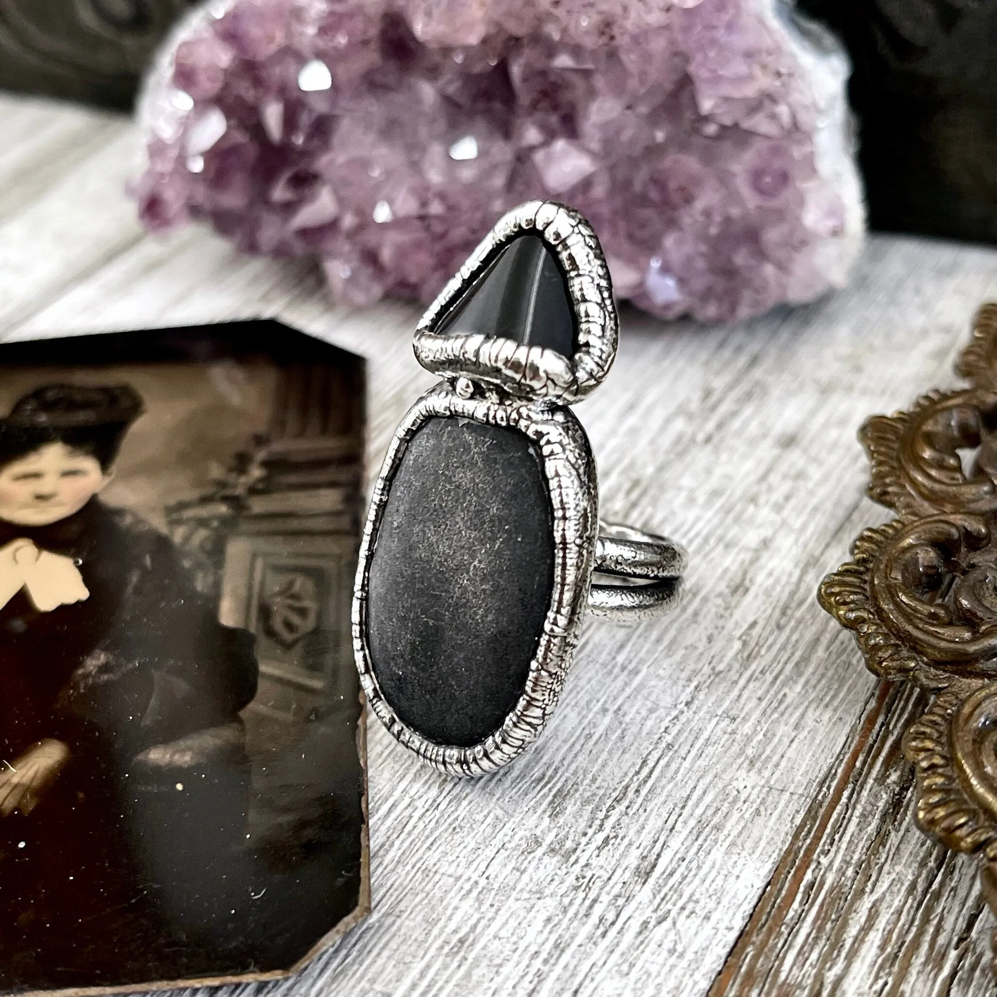 Size 6 Two Stone Ring- Black Onyx River Rock Crystal Ring Fine Silver / Foxlark Collection - One of a Kind