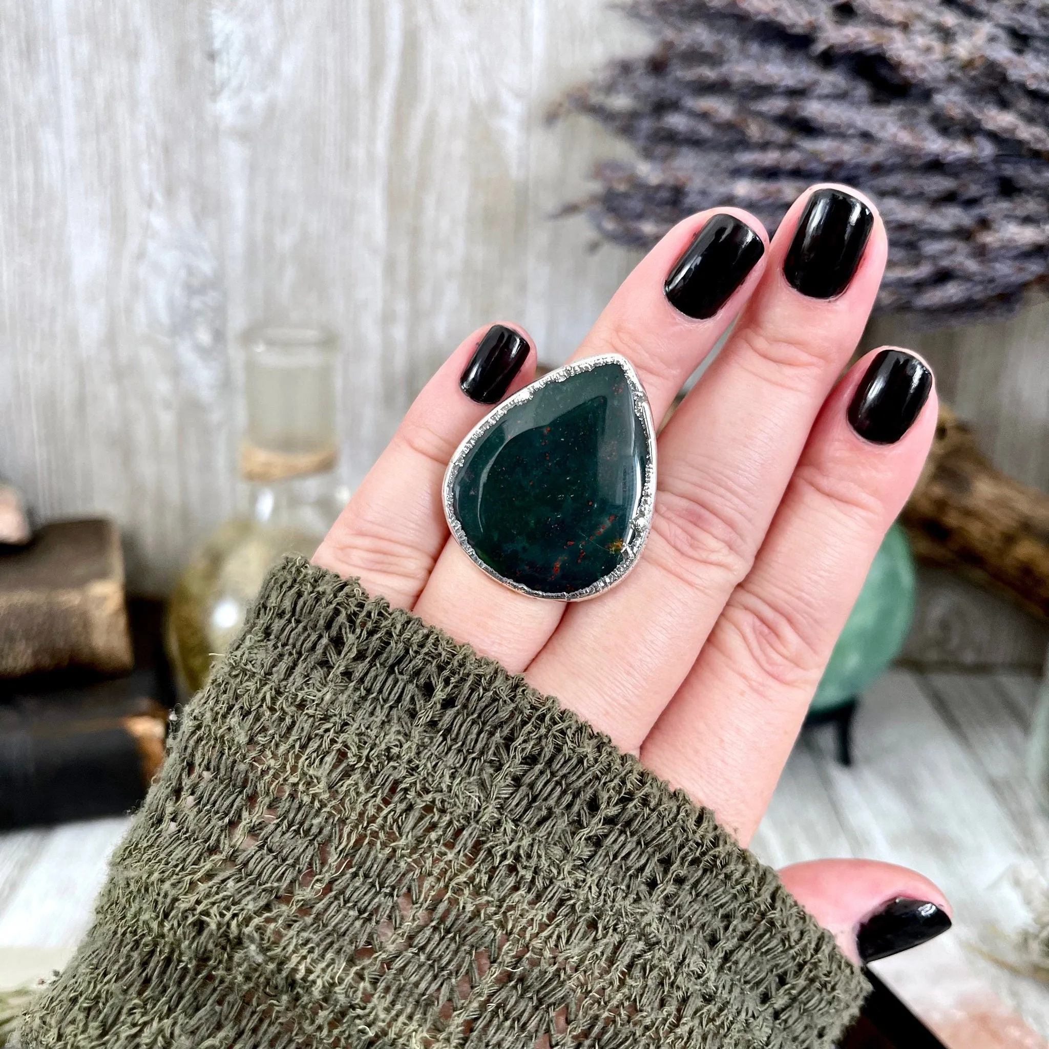 Size 6.5 Big Natural Bloodstone Ring In Fine Silver /  Foxlark Collection - One of a Kind