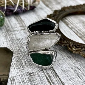 Size 9.5 Crystal Ring - Three Stone Ring Black Onyx Raw Clear Quartz & Aventurine Silver Ring / Foxlark Collection - One of a Kind Jewelry