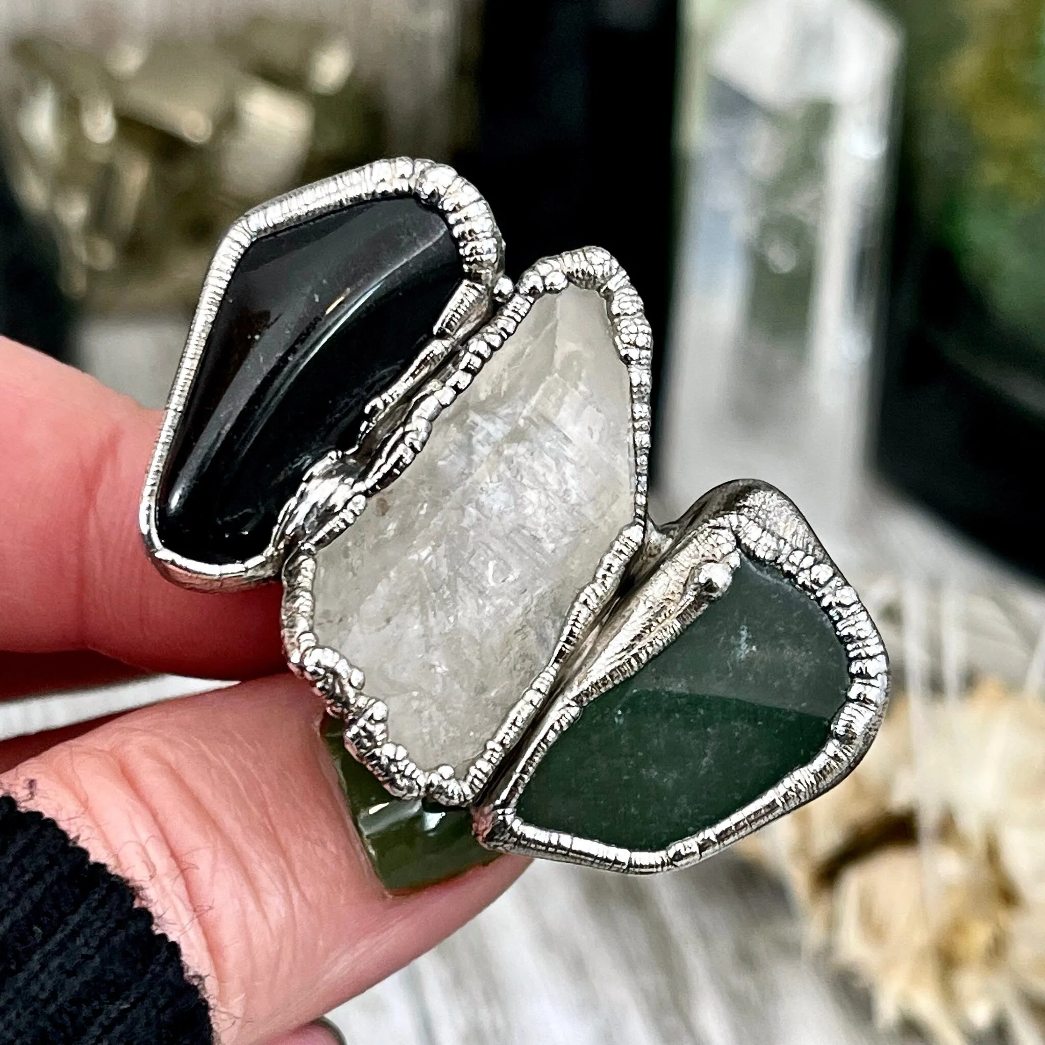 Size 9.5 Crystal Ring - Three Stone Ring Black Onyx Raw Clear Quartz & Aventurine Silver Ring / Foxlark Collection - One of a Kind Jewelry