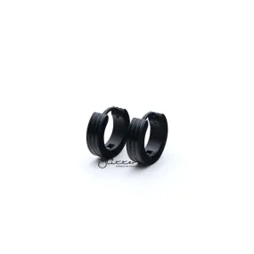 Stainless Steel Hinged Hoop Earrings with Grooves Carved Center - Black