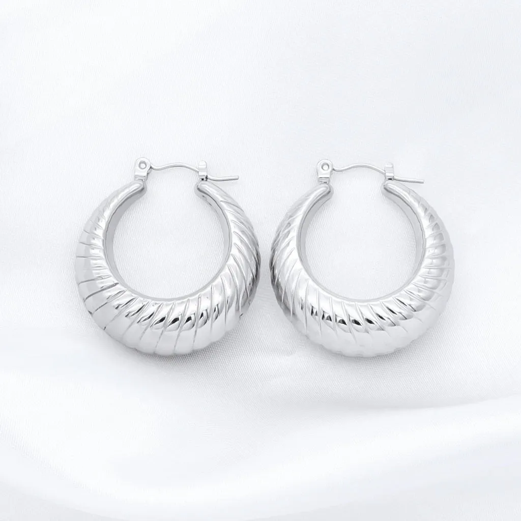 Stainless Steel Twisted Pattern Hoop Earrings - Silver