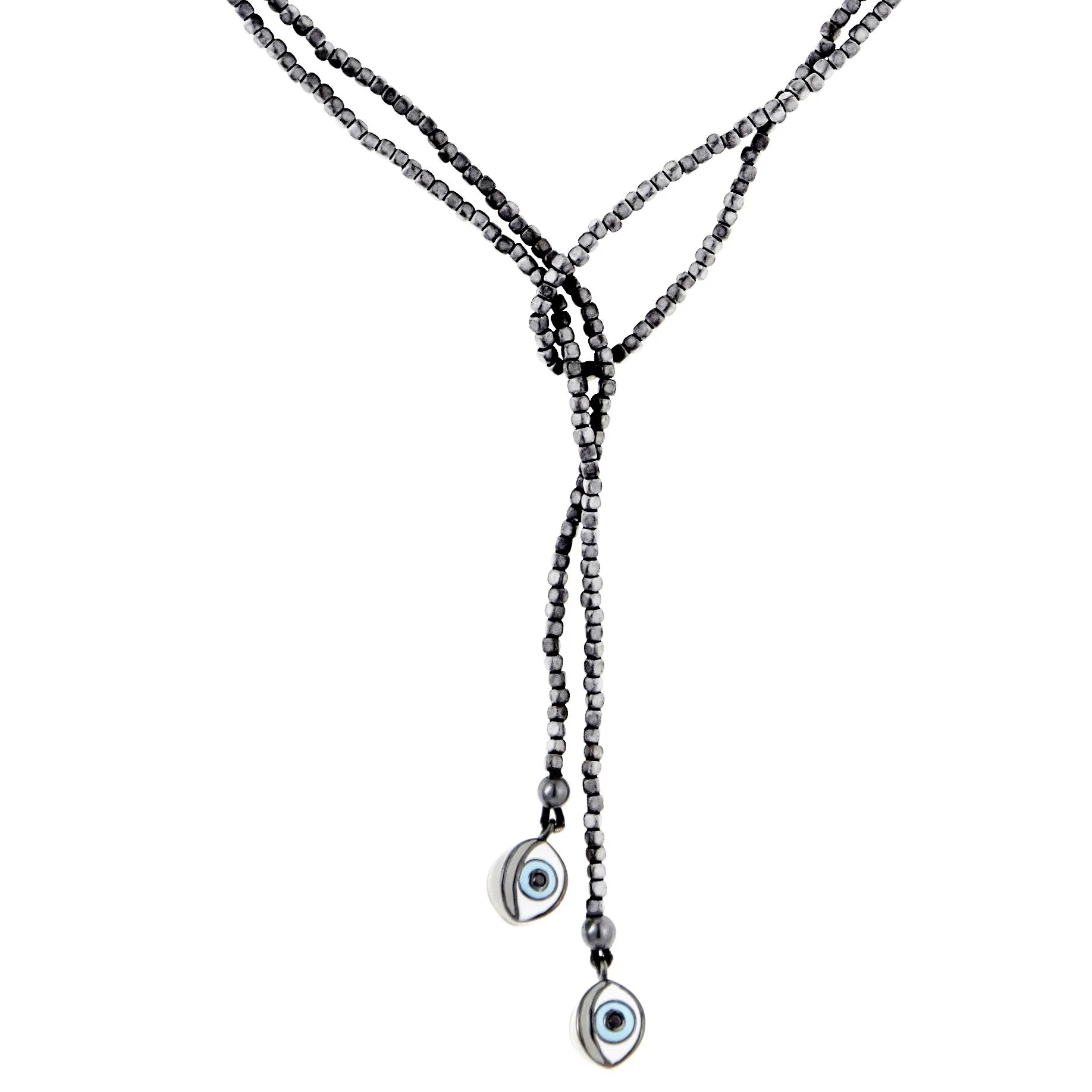 Sterling Silver Lariat Eye Necklace with Mixed Enamels, Black Spinel, Silver Hematite Beads & Hematite Beads