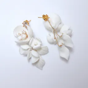 Swarovski Charming Porcelain Ceramic White Flower Pearl and Leaves Earring Sparkling Crystal Bridal Earrings Statement Earrings Cz