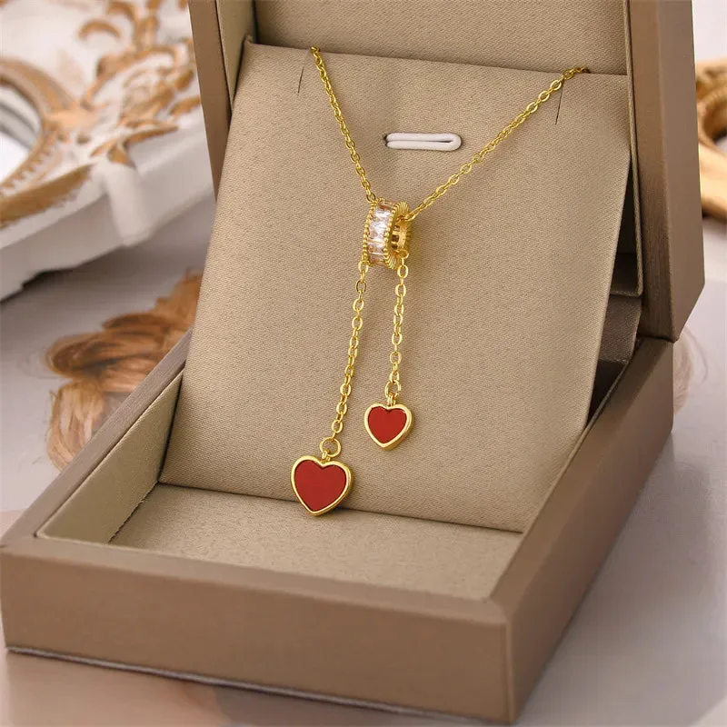 Sweetheart Double Pendant Necklace With Rhinestones Accents