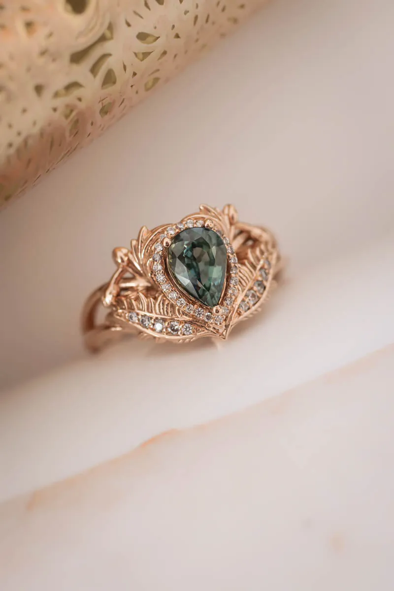 Teal sapphire engagement ring with diamond halo / Adonis halo