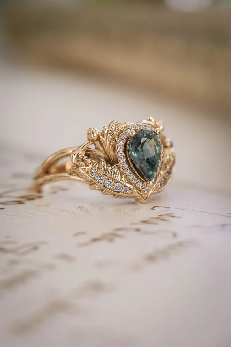 Teal sapphire engagement ring with diamond halo / Adonis halo