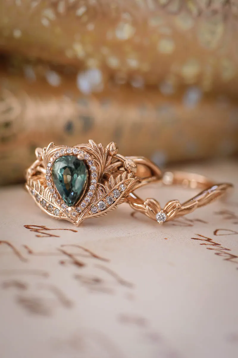 Teal sapphire engagement ring with diamond halo / Adonis halo