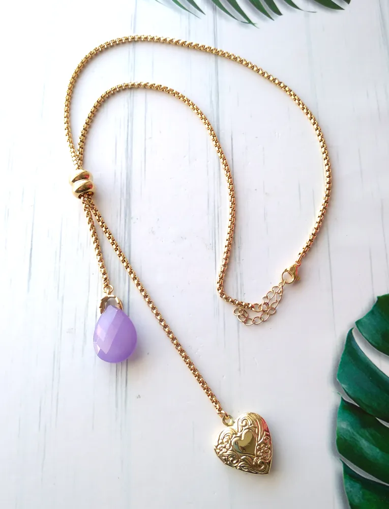 Teardrop Lavander Jade with Engraved Heart Locket Slider Necklace