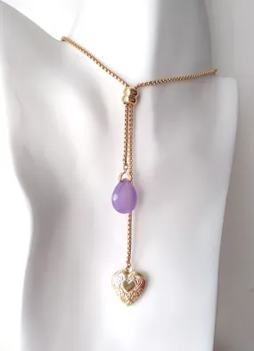 Teardrop Lavander Jade with Engraved Heart Locket Slider Necklace