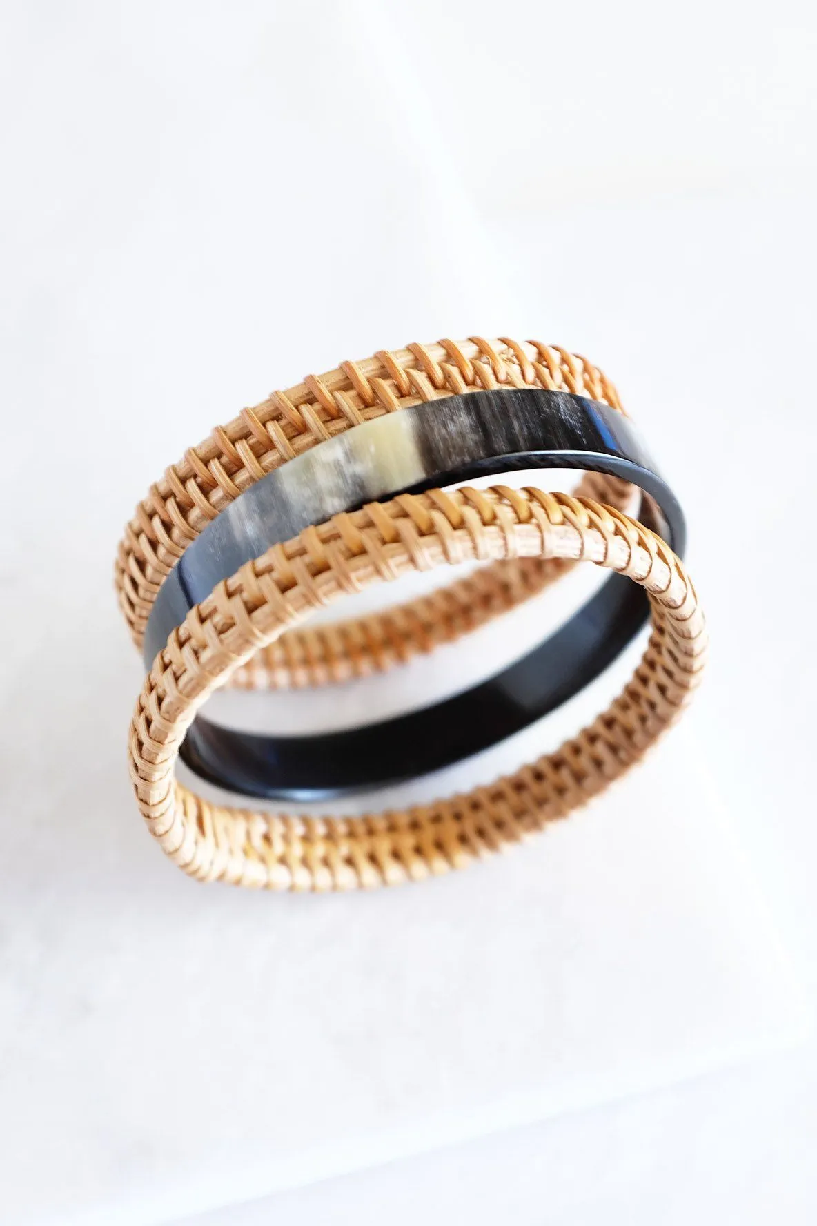 Thuy Binh Buffalo Horn & Handwoven Rattan Bangle Bracelets (3pcs)