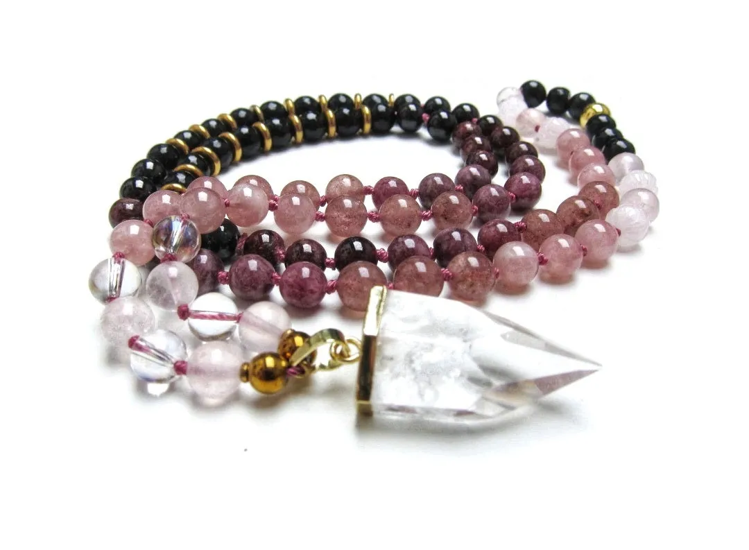 Tourmaline, Garnet, Strawberry Quartz with Bullet Point Quartz Pendant Necklace