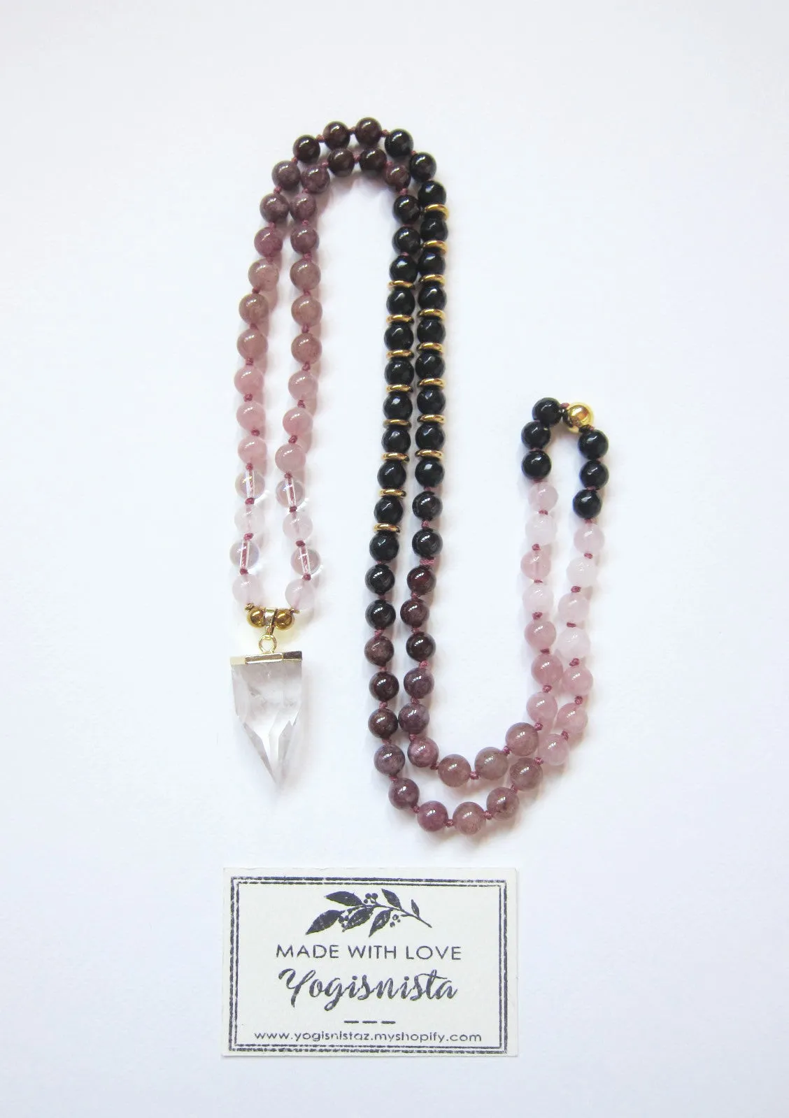 Tourmaline, Garnet, Strawberry Quartz with Bullet Point Quartz Pendant Necklace