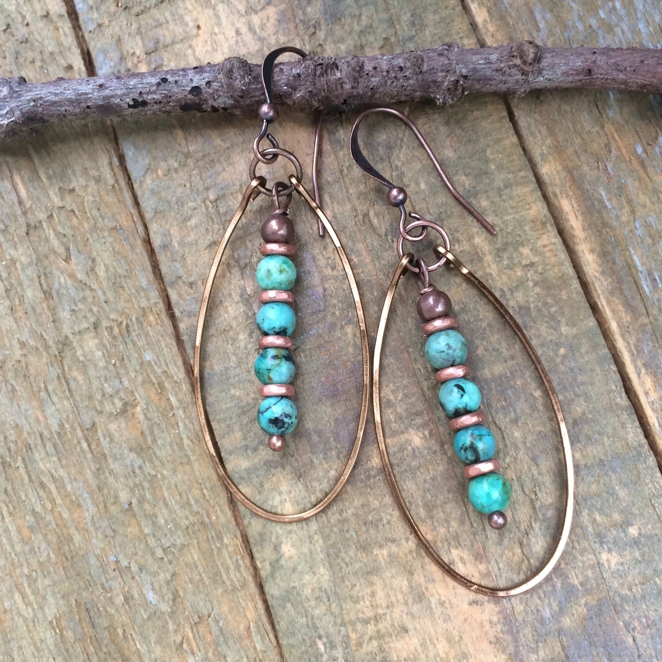 Turquoise Dangle Earrings, African Turquoise Earrings, Turquoise Jewelry Drop Earrings, Copper Hoop Earrings, Copper Jewelry