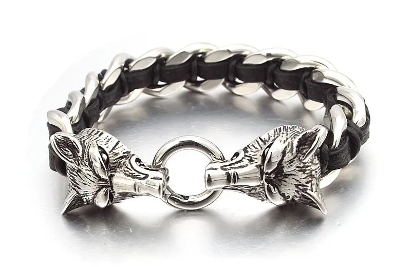 Twin Wolves Leather Chain Bracelet