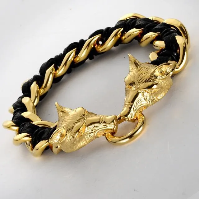 Twin Wolves Leather Chain Bracelet