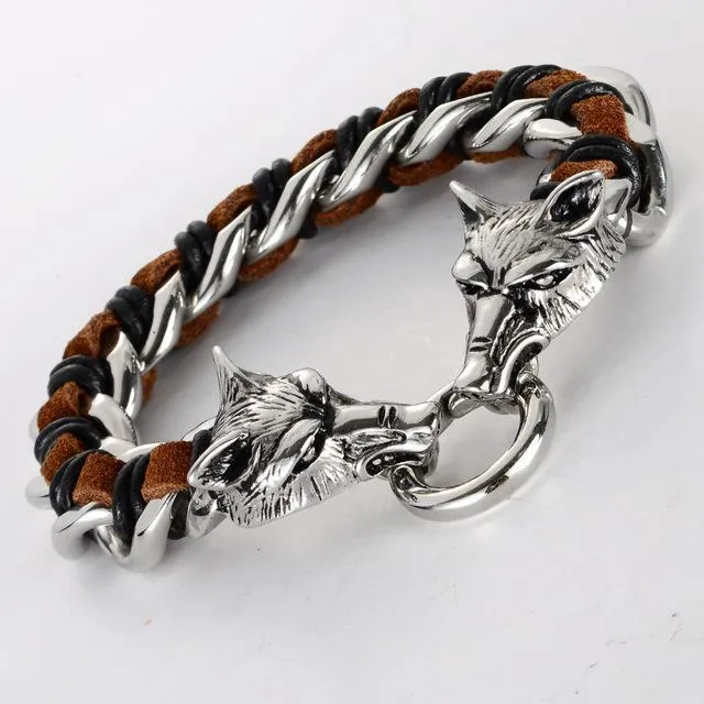 Twin Wolves Leather Chain Bracelet