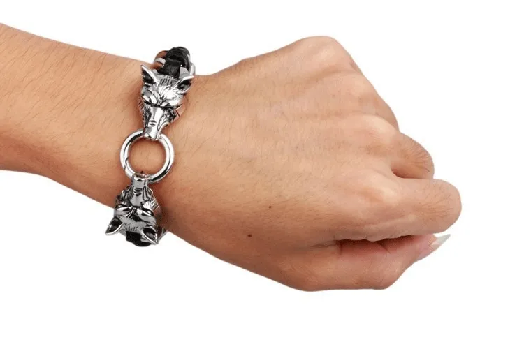 Twin Wolves Leather Chain Bracelet