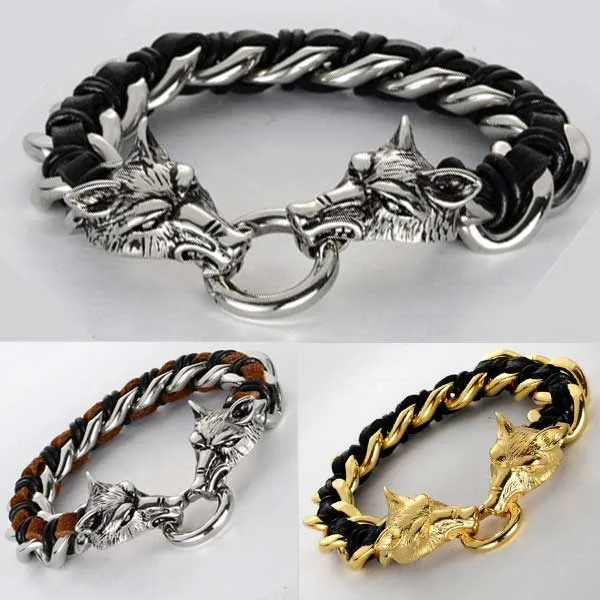 Twin Wolves Leather Chain Bracelet