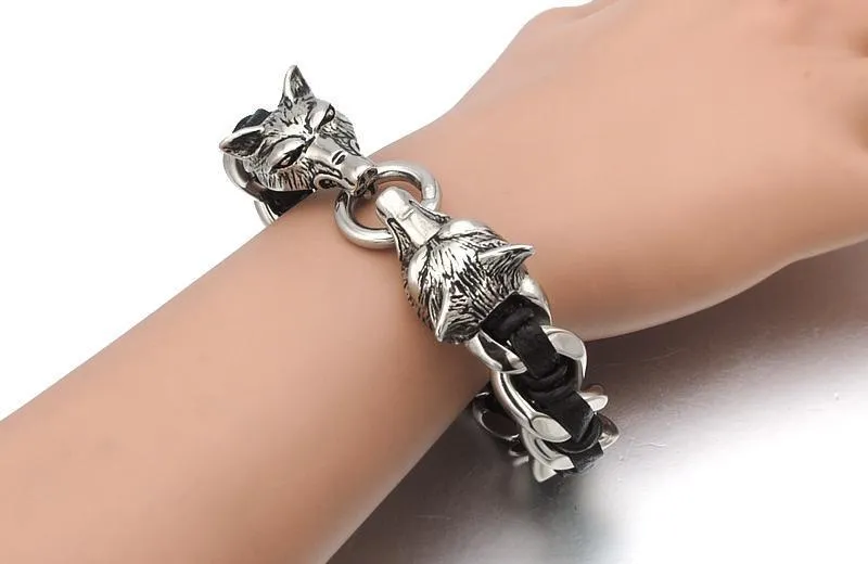 Twin Wolves Leather Chain Bracelet