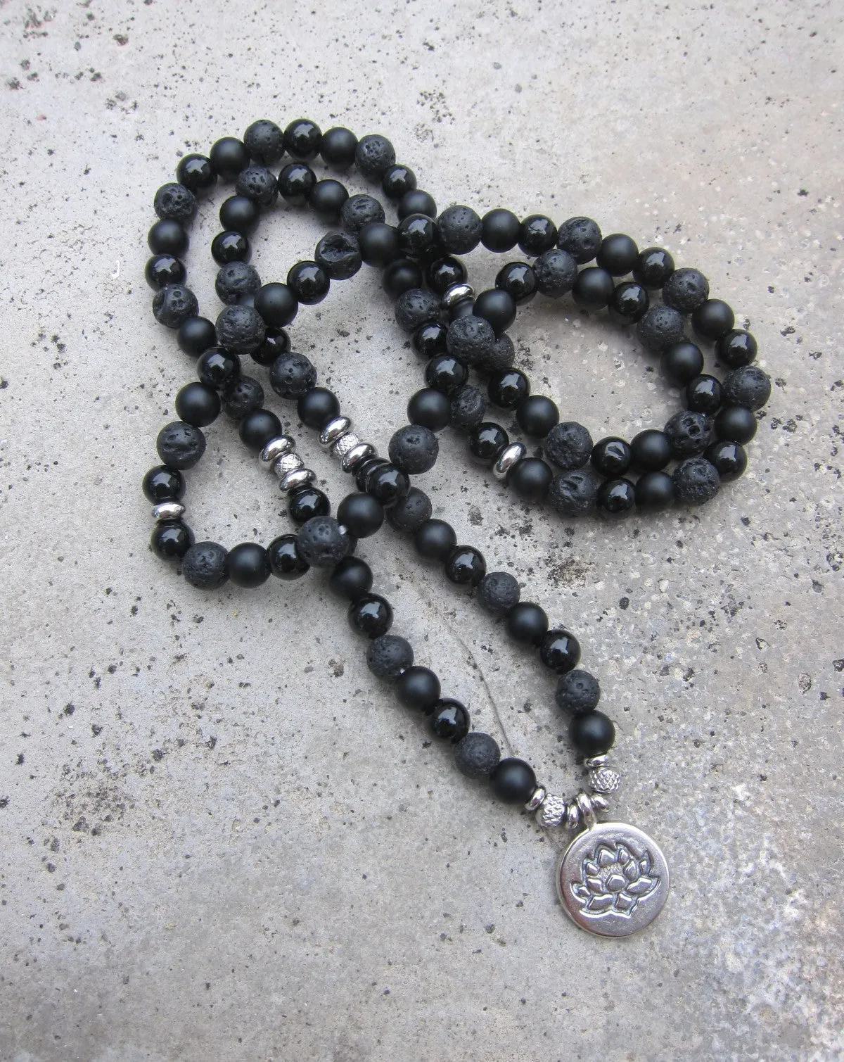 Unisex 108 Bead Mala in Shungite, Black Onyx, Lotus Mala Necklace (convertible to Bracelet)