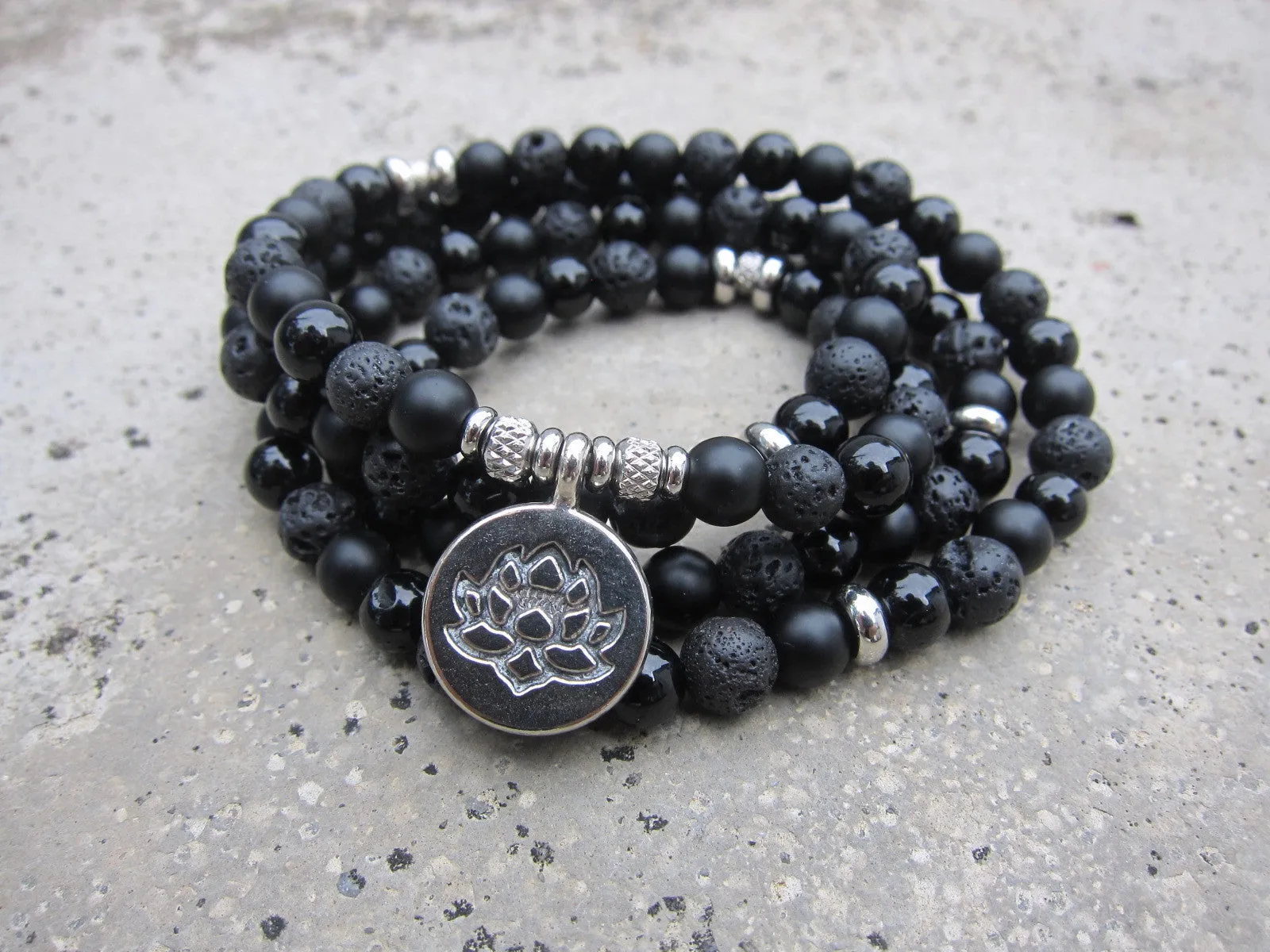 Unisex 108 Bead Mala in Shungite, Black Onyx, Lotus Mala Necklace (convertible to Bracelet)