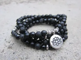 Unisex 108 Bead Mala in Shungite, Black Onyx, Lotus Mala Necklace (convertible to Bracelet)