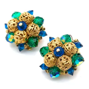 【USA輸入】ヴィンテージ ブルー グリーン クラスター イヤリング/Vintage Blue Green Cluster Clip On Earrings