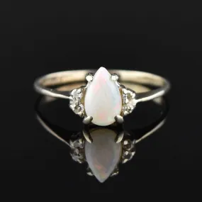 Vintage 14K White Gold Opal Diamond Engagement Ring, Sz 7.5