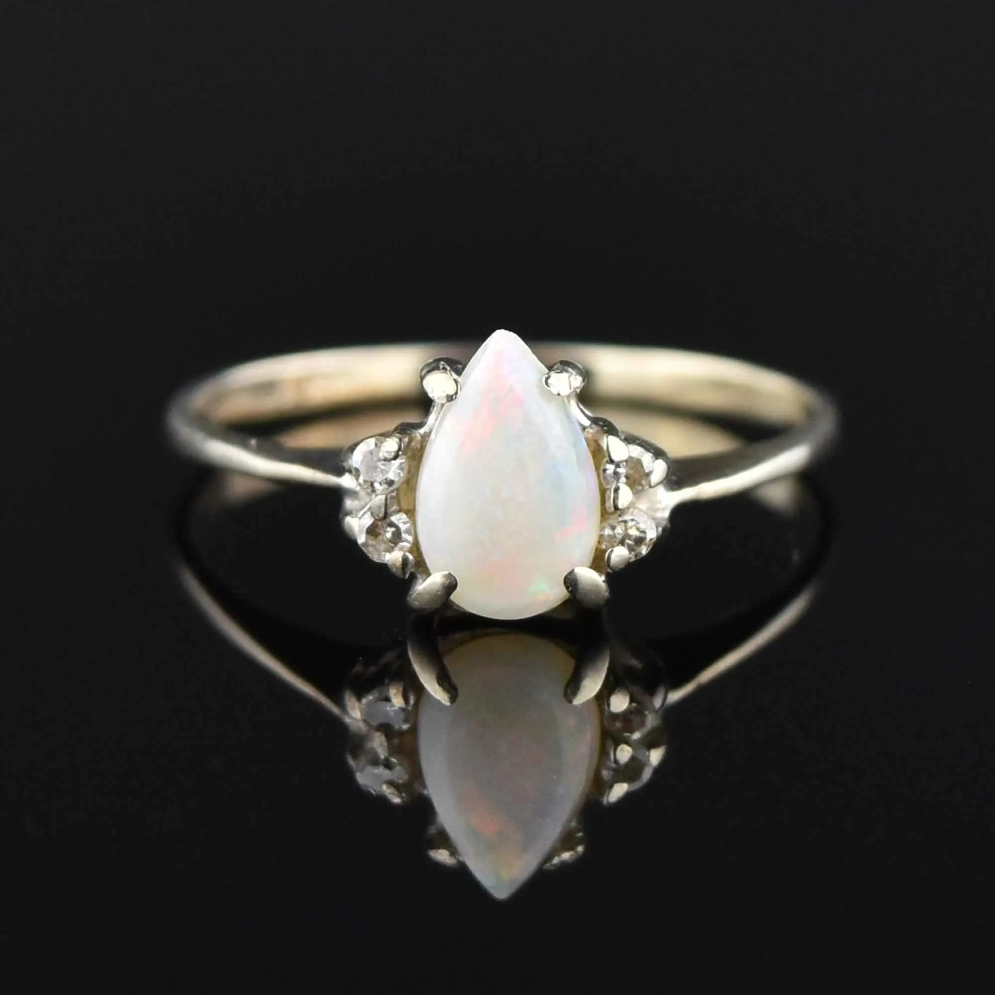 Vintage 14K White Gold Opal Diamond Engagement Ring, Sz 7.5