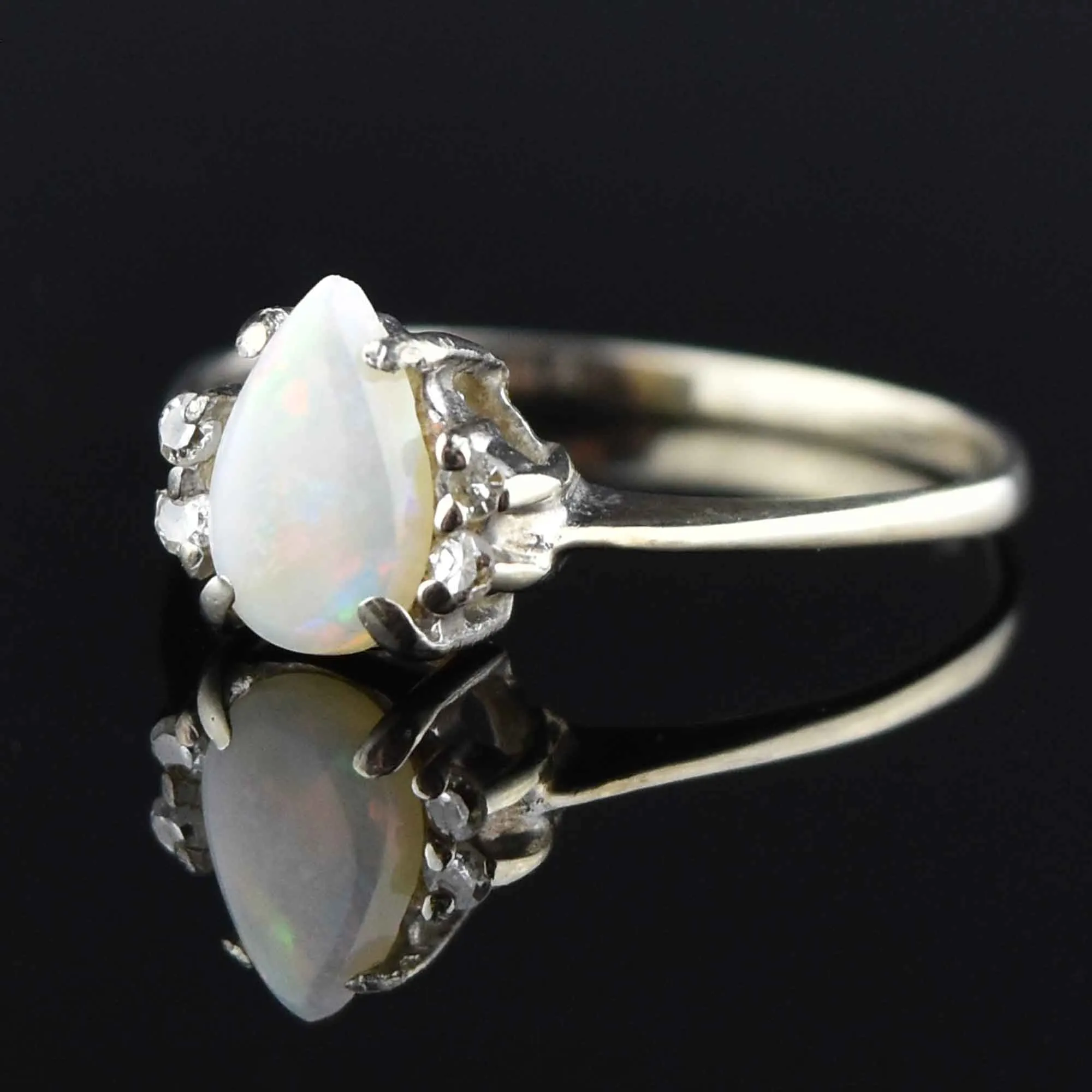 Vintage 14K White Gold Opal Diamond Engagement Ring, Sz 7.5